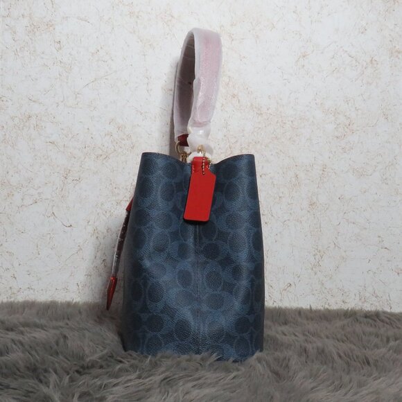 Coach Signature Rowan Drawstring Bucket Bag (Denim/Bold Red) - Picture 5 of 8